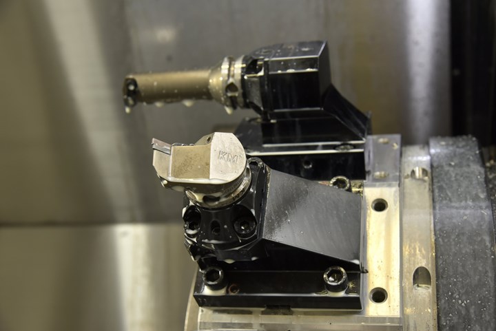 Close-up of a KM quick-change tool on a turning center’s turret